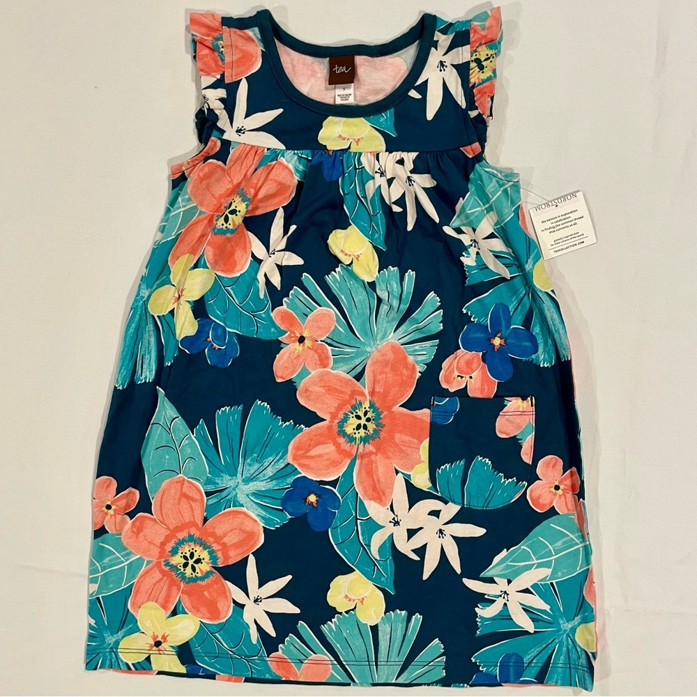 New Tea Collection Coral Fern Mighty Mini Dress Girls 5 Floral Cotton Flowers